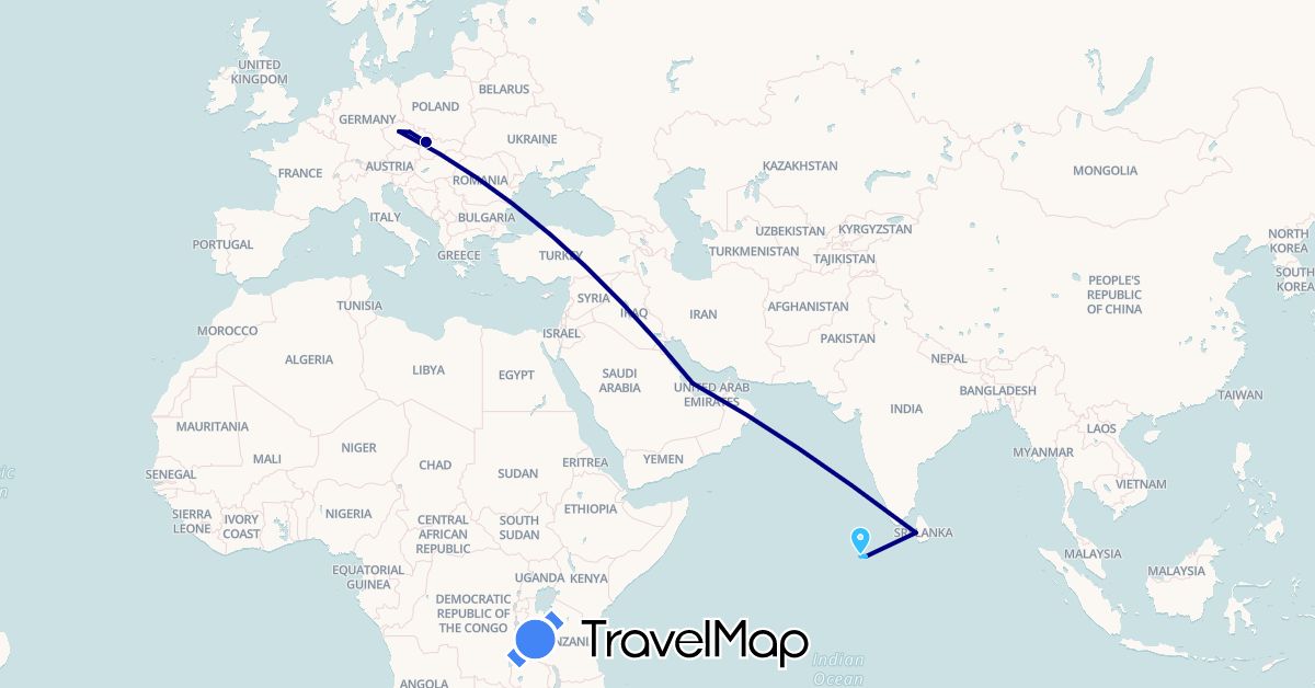 TravelMap itinerary: driving, boat in Czech Republic, Sri Lanka, Maldives, Qatar (Asia, Europe)
